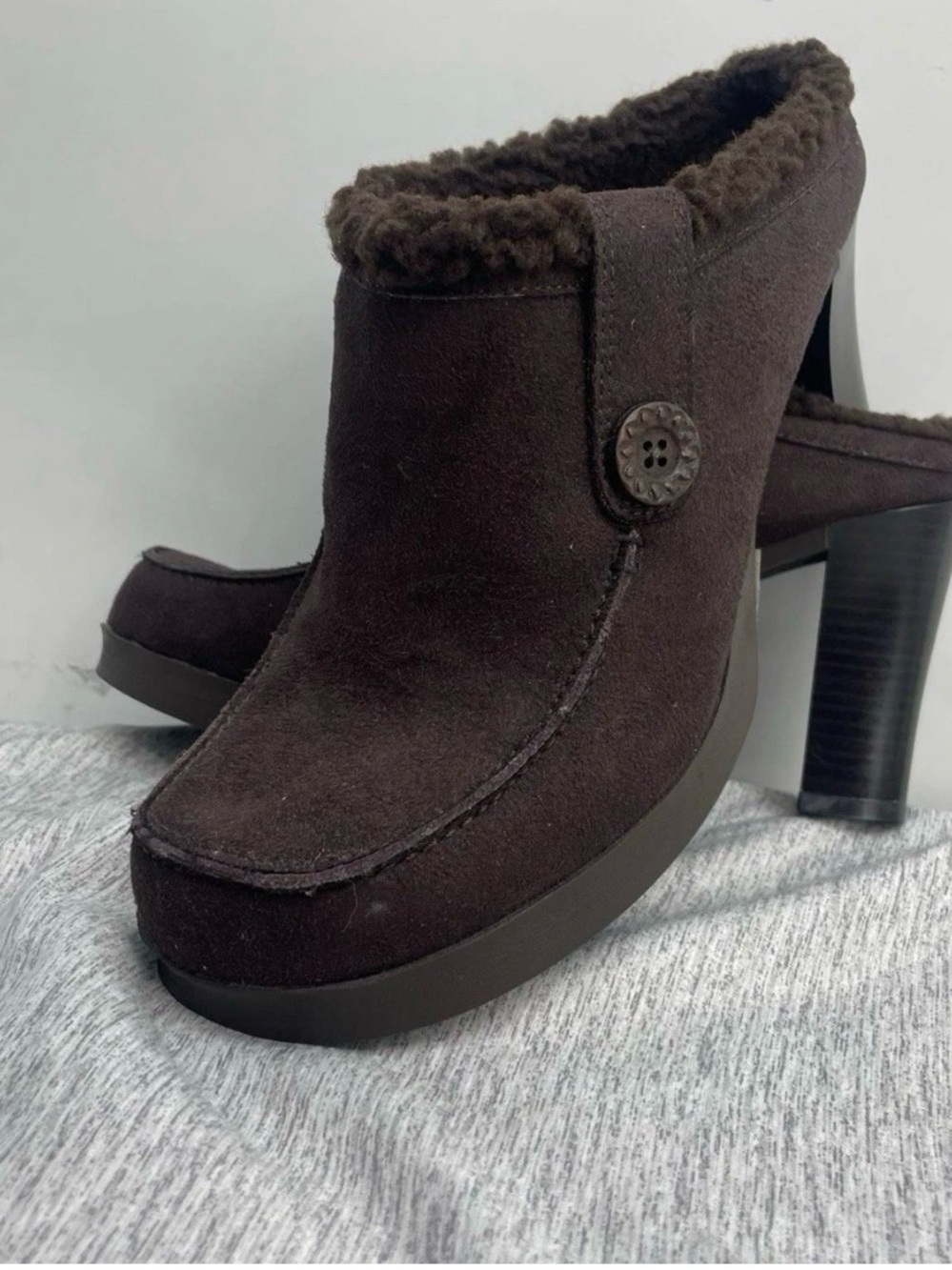 Candie's Dark Brown Suede Shearling-Trim Heeled Clogs